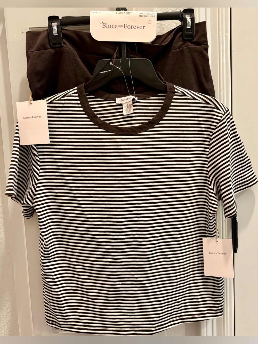 NWT SINCE FOREVER Brown & White Striped Short Sleeve Tee and Short Set